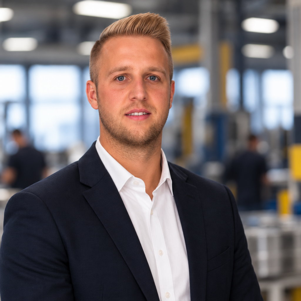 Porträt des persönlichen Ansprechpartners von Schmid Recruiting vor einem industriellen Hintergrund